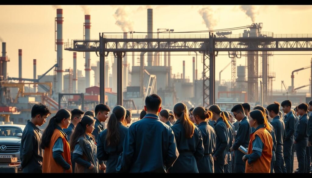 A bustling industrial landscape, with towering factories and machinery in the background. In the foreground, a group of students in vocational uniforms engage in hands-on training, guided by experienced industry professionals. The scene is bathed in warm, golden lighting, conveying a sense of collaboration and practical learning. In the middle ground, a bridge connects the educational and industrial realms, symbolizing the strategic integration of vocational education and industry needs. The composition emphasizes the synergy between theory and practice, creating a dynamic and innovative environment for the next generation of skilled workers.