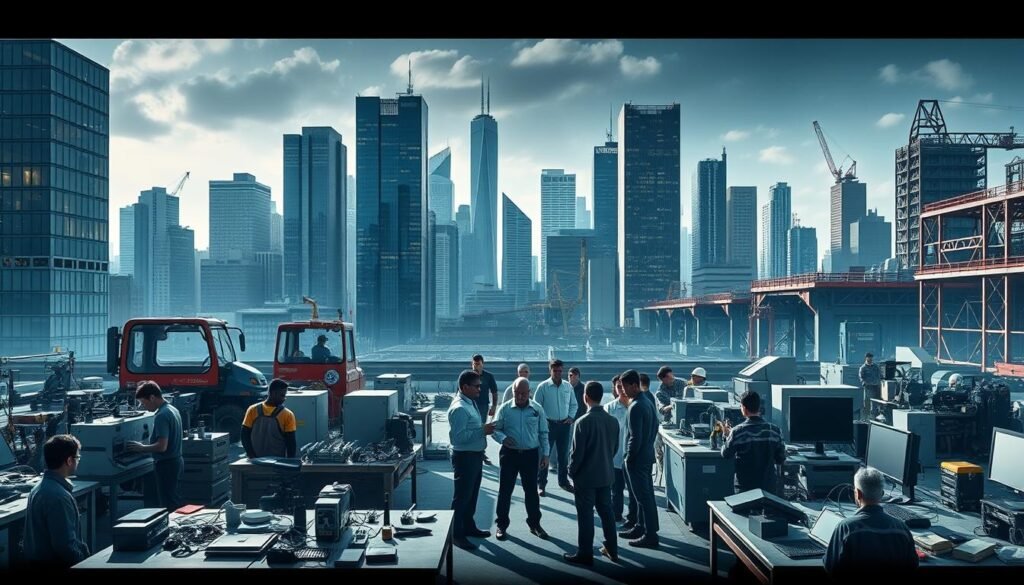 A bustling vocational education campus, set against a backdrop of towering modern buildings. In the foreground, students engage in hands-on training, surrounded by cutting-edge equipment and machinery. The middle ground features a group of industry professionals in discussion, illustrating the challenges of bridging the gap between education and workforce needs. The background showcases a skyline of skyscrapers, symbolizing the growing demands of the industrial landscape. Dramatic lighting casts long shadows, creating a sense of urgency and the need for innovative solutions. The overall atmosphere conveys the dynamic and evolving nature of vocational education, poised to meet the challenges of the modern workforce.