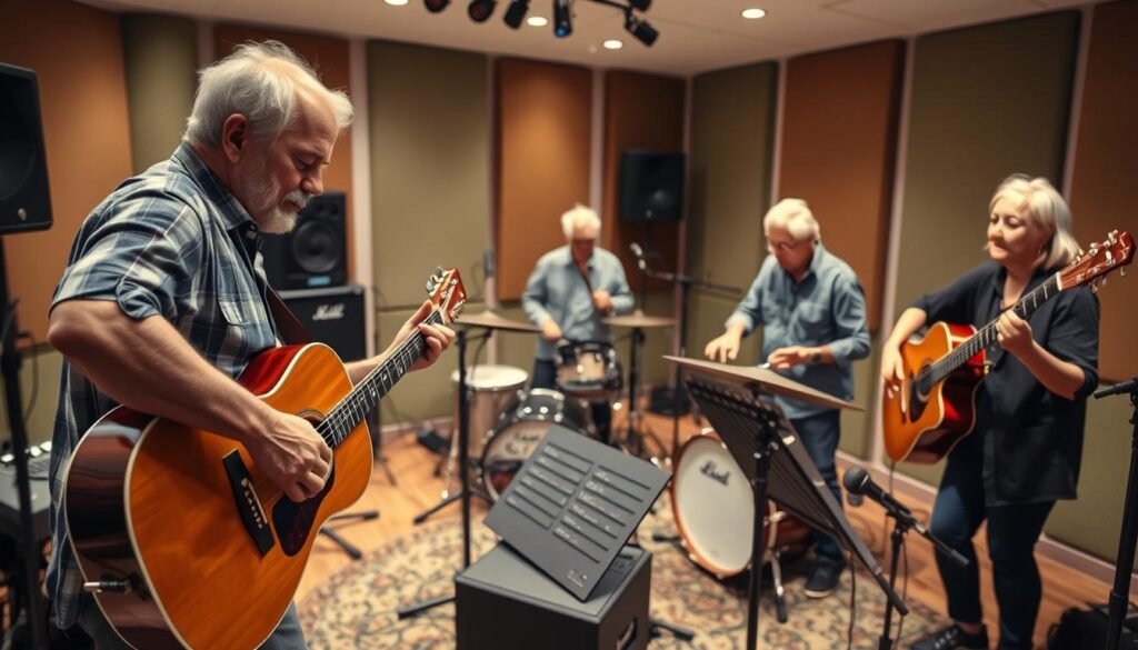 A diverse group of musicians, spanning multiple generations, collaborating in a vibrant, well-lit recording studio. In the foreground, a seasoned guitarist strums soulfully, with a younger bassist providing a driving, rhythmic foundation. In the middle ground, a keyboardist and a drummer, one seasoned and one just starting out, work in sync to craft a rich, layered soundscape. In the background, a vocalist, both mature and youthful, lends their emotive voice to the musical tapestry. Soft, diffused lighting illuminates the scene, creating a warm, intimate atmosphere, reflecting the synergy and shared passion of this multigenerational musical collaboration.