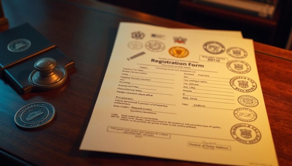 A document filled with official stamps, seals, and signatures, resting on a mahogany desk. Soft, warm lighting casts a professional, authoritative glow, while the background is blurred, drawing the viewer's focus to the centrally placed registration form. The document's layout is clean and organized, with clearly delineated sections for personal information, educational background, and other required details. The overall atmosphere evokes a sense of gravity and importance, befitting the significant opportunity of a scholarship application.