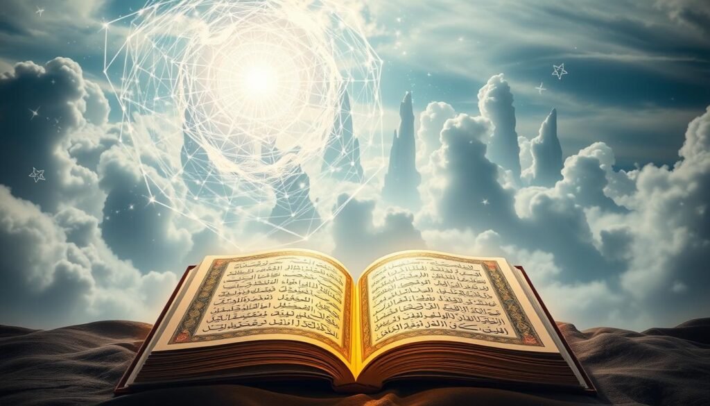 A majestic, ethereal scene depicting the essence of religion as seen through the lens of the Quran. In the foreground, a radiant, calligraphic representation of the Holy Quran, its pages illuminated with divine light. Surrounding it, a vortex of swirling, translucent geometric shapes and patterns, symbolic of the profound spiritual truths and universal principles contained within. In the background, a dreamlike landscape of towering, cloud-like formations, casting a serene, contemplative atmosphere. The overall composition evokes a sense of wonder, reverence, and the profound, timeless wisdom of the Quran's guidance on the nature of faith and the human condition.