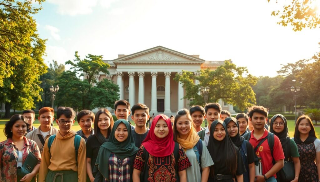 A prestigious academic building set against a lush, verdant landscape. In the foreground, a diverse group of students stand proudly, their faces radiating determination and purpose. They represent a cross-section of Indonesia's vibrant society, united by their pursuit of higher education through affirmative action scholarships. The midground features a grand, columned facade, its classical architecture a symbol of academic excellence. Warm, golden sunlight filters through the scene, creating a sense of optimism and opportunity. In the background, a towering tree-lined campus stretches out, suggesting a secure and nurturing environment for these ambitious scholars. The overall composition conveys a message of inclusivity, empowerment, and the transformative power of education.