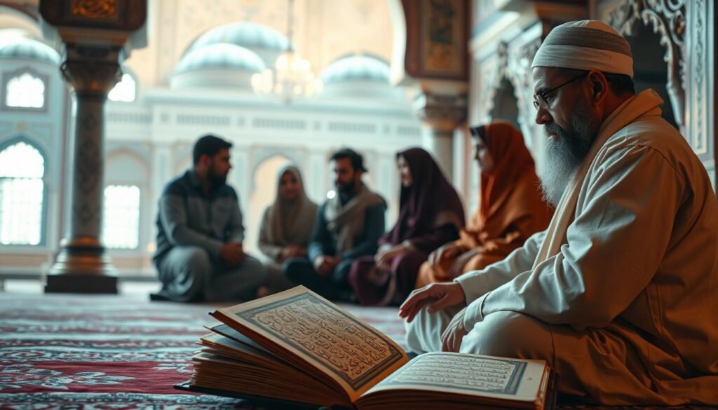 A serene and contemplative scene depicting the concepts of religion in the Quran. In the foreground, a scholar sits cross-legged, deeply engrossed in the pages of an ornately bound Quran. Soft, warm lighting casts a gentle glow, highlighting the intricate calligraphy and illuminations. In the middle ground, a group of people of diverse backgrounds engage in thoughtful discussion, their expressions reflecting the profound nature of their discourse. In the background, the architecture reflects the rich cultural heritage of the Islamic faith, with ornate domes and arches framing the scene. The overall atmosphere evokes a sense of reverence, wisdom, and the interconnectedness of religion, ethics, and social harmony.
