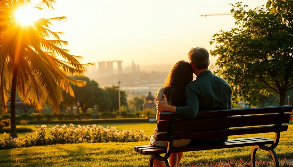 A serene and nostalgic scene of a couple reminiscing on a park bench, bathed in the warm glow of a setting sun. In the foreground, the pair sit closely together, their hands intertwined as they gaze wistfully into the distance, lost in the memories evoked by the lyrics of "Memori Baik". The middle ground features a lush, verdant garden with swaying trees and blooming flowers, creating a tranquil and romantic atmosphere. In the background, a picturesque cityscape fades into the horizon, the silhouettes of familiar landmarks hinting at the passage of time. The image is rendered with a soft, dreamy focus, evoking the bittersweet emotions of the song's theme.