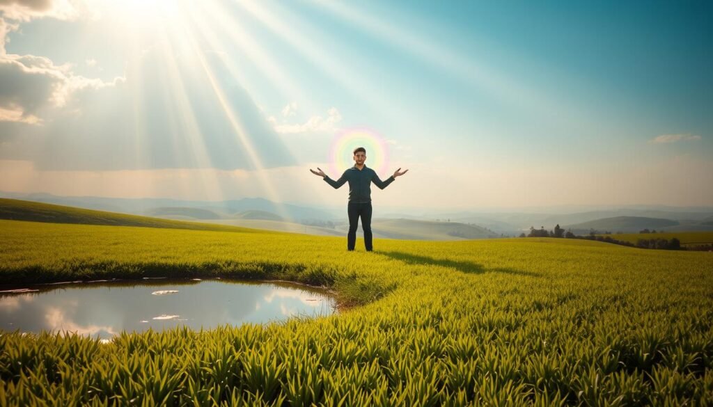 A serene, ethereal landscape showcasing Rayyan Arkan Dikha, a master of "aura farming". In the foreground, a tranquil pond reflects the vibrant hues of a lush, verdant field. Rays of golden sunlight filter through wispy clouds, casting a warm, mystical glow over the scene. In the middle ground, Rayyan stands tall, his hands outstretched, connecting with the energy of the land. His aura, a shimmering, multicolored halo, emanates a powerful, calming presence. In the distance, rolling hills and a horizon line that blends seamlessly with the sky, creating a sense of boundless, otherworldly beauty. The overall mood is one of serenity, spirituality, and the harmonious integration of man and nature.