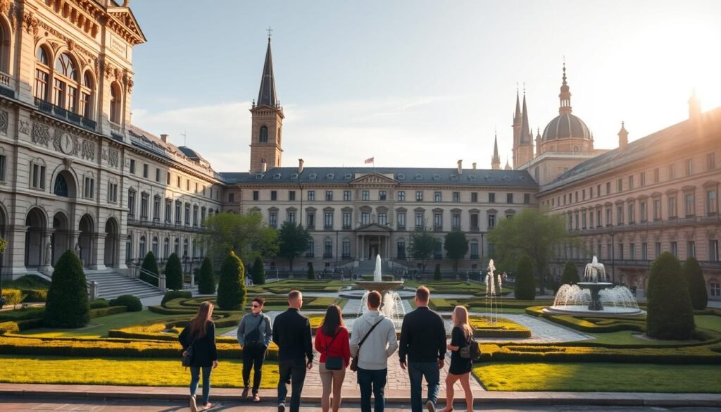 A serene landscape of a prestigious university campus abroad, bathed in warm afternoon sunlight. In the foreground, a group of students in formal attire stand before a grand, neo-classical style architecture with intricate stone carvings and arched windows. In the middle ground, manicured gardens and fountains create a peaceful ambiance. The background features towering spires and domes, hinting at the rich history and global reputation of this renowned institution of higher learning, the perfect setting for an international architecture scholarship.