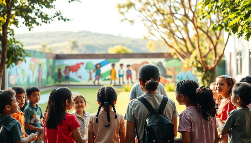 A serene schoolyard, with diverse students of various ethnicities and backgrounds engaged in joyful group activities. In the foreground, a teacher guides them, fostering mutual understanding and respect. The middle ground showcases vibrant murals depicting global cultures, while the background features a lush, verdant landscape, symbolizing the growth and harmony cultivated through multicultural education. Warm, soft lighting illuminates the scene, creating an atmosphere of inclusivity and community. The overall composition conveys the benefits of multicultural education in building a society of unity and understanding.