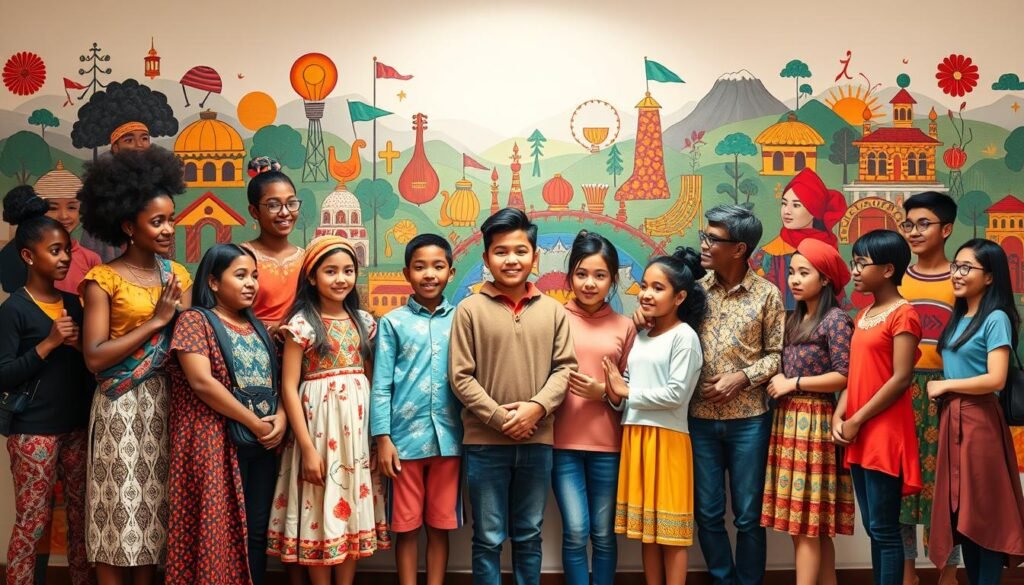 A vibrant mural depicting the essence of multicultural education. In the foreground, diverse students of various ethnicities and backgrounds stand united, hands clasped, symbolizing harmony and inclusivity. The middle ground features a kaleidoscope of cultural elements - traditional garments, musical instruments, and symbolic artifacts - representing the rich tapestry of global heritage. In the background, an abstract landscape of interlocking shapes and patterns evokes the interconnectedness of different cultures. Soft, diffused lighting casts a warm, welcoming glow, creating a sense of optimism and progress. The composition conveys the power of multicultural education to bridge divides, cultivate understanding, and build a more equitable society.