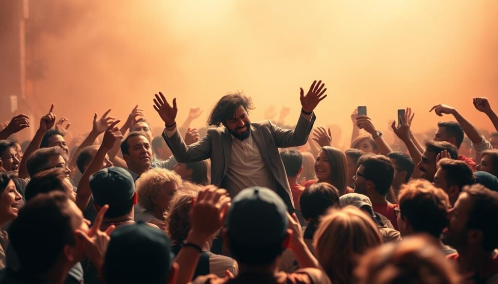A vibrant social media moment captured in a stylized photograph. In the foreground, a crowd of people animatedly gesturing and reacting, their expressions conveying a sense of excitement and amusement. The middle ground features a central figure performing an unusual, visually striking action that has clearly captured the attention of the onlookers. The background is hazy, blurred, drawing the focus to the central scene. Warm, diffused lighting bathes the composition, creating a sense of energy and dynamism. The overall mood is one of spontaneity, humor, and the infectious nature of viral social media content.