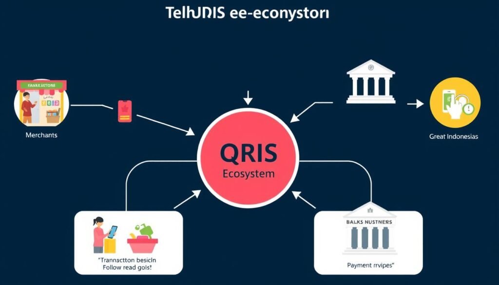 Ilustrasi ekosistem QRIS yang menghubungkan merchant, konsumen, dan penyedia layanan Ilustrasi ekosistem QRIS yang menghubungkan merchant, konsumen, dan penyedia layanan