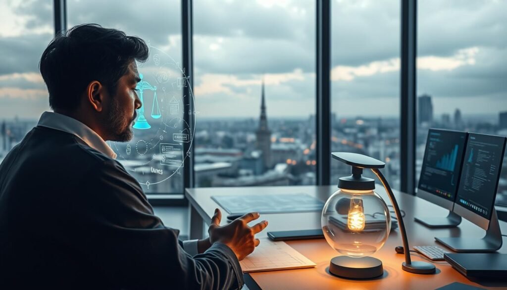 A serene and intellectual landscape showcasing the interplay between legal theory and technological innovation. In the foreground, a scholar ponders a holographic display of complex legal frameworks, their thoughtful expression illuminated by the soft glow of a desk lamp. The middle ground features a sleek, minimalist workspace, with state-of-the-art computing devices and displays conveying the latest advancements in legal technology. In the background, a panoramic window reveals a cityscape, symbolic of the real-world applications and societal impact of the theories and tools being explored. The overall mood is one of contemplation, discovery, and the harmonious fusion of law and technology. A serene and intellectual landscape showcasing the interplay between legal theory and technological innovation. In the foreground, a scholar ponders a holographic display of complex legal frameworks, their thoughtful expression illuminated by the soft glow of a desk lamp. The middle ground features a sleek, minimalist workspace, with state-of-the-art computing devices and displays conveying the latest advancements in legal technology. In the background, a panoramic window reveals a cityscape, symbolic of the real-world applications and societal impact of the theories and tools being explored. The overall mood is one of contemplation, discovery, and the harmonious fusion of law and technology.