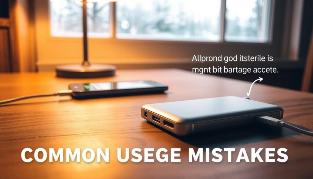 A close-up, detailed image of a MagSafe Battery Pack resting on a wooden table in a cozy indoor setting, with a warm light illuminating the scene. In the foreground, the battery pack is prominently displayed, showcasing its sleek design and connectivity features. The middle ground includes a smartphone attached to the battery pack, demonstrating improper alignment, causing a charging error. In the background, a wintery window view reveals frosted glass and gently falling snowflakes, creating a seasonal atmosphere. Soft shadows enhance the mood while ensuring the image feels inviting and informative. The overall composition communicates common usage mistakes visually, with an emphasis on clarity and practicality.