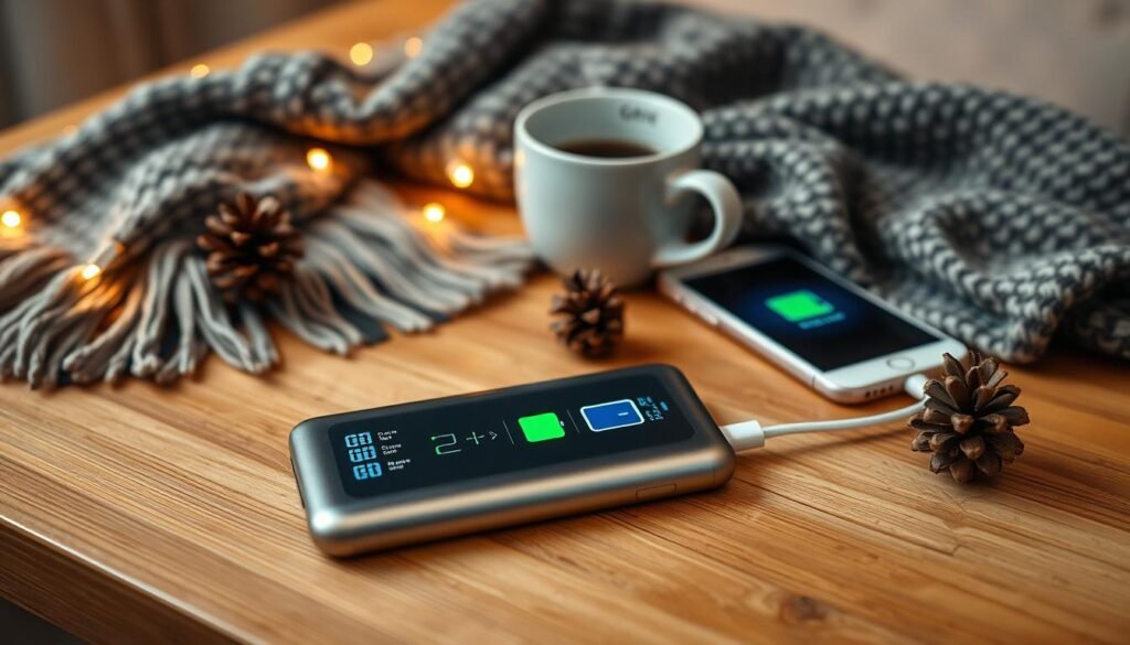 A detailed flat lay of a MagSafe Battery Pack on a wooden table, showcasing the various settings and icons illuminated on its surface. The foreground features the battery pack prominently displayed with soft, diffused lighting highlighting its sleek design. In the middle ground, a smartphone connected to the battery pack shows vibrant battery icons indicating power efficiency. Surrounding them are winter-themed elements such as a cozy wool scarf, a steaming cup of coffee, and a small pinecone to evoke a seasonal atmosphere. The background is softly blurred, emphasizing the main subjects while hinting at a warm indoor environment with gentle warm lighting, suggesting comfort and utility during winter.