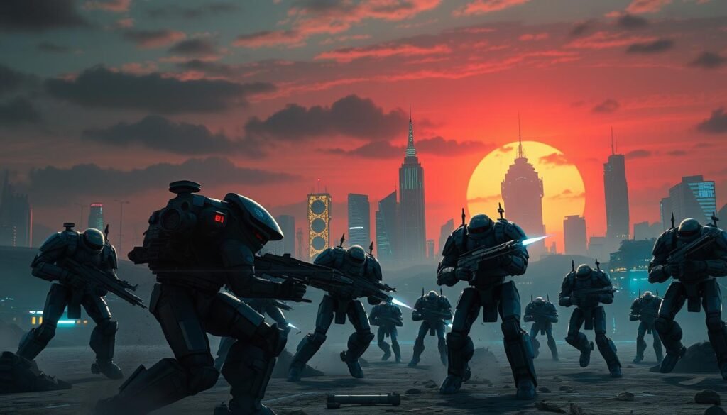 A dynamic sci-fi landscape with a futuristic city skyline in the background, illuminated by neon lights and a vibrant sunset. In the foreground, a group of imposing, mechanized figures engaged in intense combat, their powerful exoskeletons and weaponry creating a striking visual contrast against the artistic, almost painterly backdrop. Intricate details, sharp shadows, and a cinematic camera angle convey a sense of immersive action and dramatic tension, resulting in a visually stunning and deeply captivating scene.