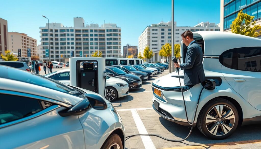 A modern electric vehicle battery swapping station in a bustling urban environment. In the foreground, a sleek, futuristic electric vehicle is parked as a user, dressed in business attire, interacts with the battery swapping mechanism. The middle ground features a busy swapping terminal with several cars lined up, showcasing an efficient and organized system. Bright, natural lighting accentuates the clean, high-tech atmosphere, while a clear blue sky in the background adds to the sense of innovation and progress. The scene conveys a sense of convenience and reliability, emphasizing the advantages of battery swapping for electric vehicle users. The angle is from slightly above, providing a comprehensive view of the station and its surroundings without any text or overlays. A modern electric vehicle battery swapping station in a bustling urban environment. In the foreground, a sleek, futuristic electric vehicle is parked as a user, dressed in business attire, interacts with the battery swapping mechanism. The middle ground features a busy swapping terminal with several cars lined up, showcasing an efficient and organized system. Bright, natural lighting accentuates the clean, high-tech atmosphere, while a clear blue sky in the background adds to the sense of innovation and progress. The scene conveys a sense of convenience and reliability, emphasizing the advantages of battery swapping for electric vehicle users. The angle is from slightly above, providing a comprehensive view of the station and its surroundings without any text or overlays.