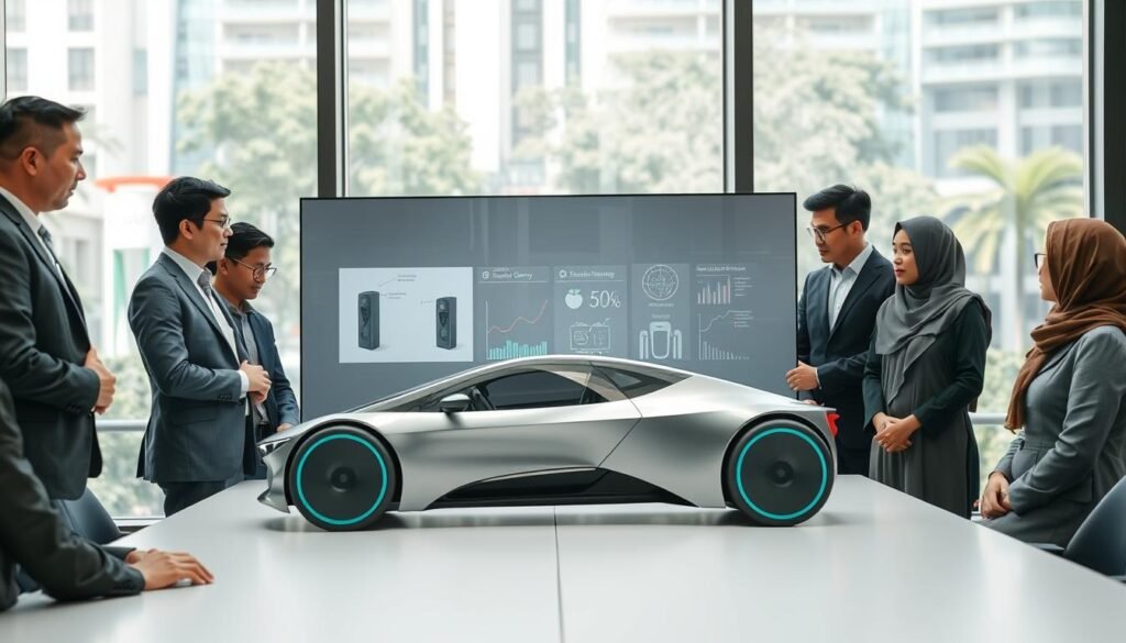 A professional meeting scene focused on electric vehicle development in Indonesia. In the foreground, a diverse group of corporate professionals in formal business attire and modest casual clothing are engaged in discussion over a sleek, high-tech electric vehicle prototype on a conference table. In the middle ground, a large digital display illustrates advanced battery technology and eco-friendly infrastructure, with graphs and schematics. The background features a modern office environment with large windows revealing an urban setting with charging stations and greenery, conveying a forward-thinking atmosphere. Soft, natural lighting from the windows creates an optimistic and innovative vibe, highlighting the collaborative efforts in developing the electric vehicle ecosystem. A professional meeting scene focused on electric vehicle development in Indonesia. In the foreground, a diverse group of corporate professionals in formal business attire and modest casual clothing are engaged in discussion over a sleek, high-tech electric vehicle prototype on a conference table. In the middle ground, a large digital display illustrates advanced battery technology and eco-friendly infrastructure, with graphs and schematics. The background features a modern office environment with large windows revealing an urban setting with charging stations and greenery, conveying a forward-thinking atmosphere. Soft, natural lighting from the windows creates an optimistic and innovative vibe, highlighting the collaborative efforts in developing the electric vehicle ecosystem.