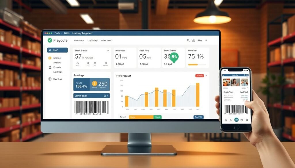 A sleek and modern inventory management software interface, with a clean and minimalist design. The foreground displays a well-organized dashboard, showcasing real-time stock levels, inventory trends, and alerts for low stock items. The middle ground features a barcode scanning function, seamlessly integrating physical products with the digital system. The background depicts a warm, well-lit office setting, with subtle hints of the company's branding. The overall atmosphere conveys efficiency, control, and a sense of professionalism tailored for small-to-medium enterprises. A sleek and modern inventory management software interface, with a clean and minimalist design. The foreground displays a well-organized dashboard, showcasing real-time stock levels, inventory trends, and alerts for low stock items. The middle ground features a barcode scanning function, seamlessly integrating physical products with the digital system. The background depicts a warm, well-lit office setting, with subtle hints of the company's branding. The overall atmosphere conveys efficiency, control, and a sense of professionalism tailored for small-to-medium enterprises.