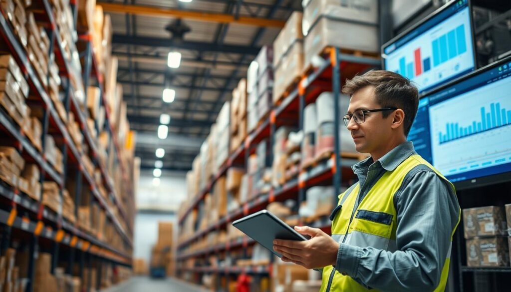 A well-lit and organized warehouse interior, shelves filled with various products neatly arranged. A worker in the foreground carefully checking inventory levels on a tablet, surrounded by barcode scanners and inventory management tools. In the background, a large computer monitor displays real-time stock reports and analytics, providing a comprehensive overview of the supply chain. The scene conveys an atmosphere of efficiency, precision, and attention to detail in the implementation of effective stock monitoring practices. A well-lit and organized warehouse interior, shelves filled with various products neatly arranged. A worker in the foreground carefully checking inventory levels on a tablet, surrounded by barcode scanners and inventory management tools. In the background, a large computer monitor displays real-time stock reports and analytics, providing a comprehensive overview of the supply chain. The scene conveys an atmosphere of efficiency, precision, and attention to detail in the implementation of effective stock monitoring practices.