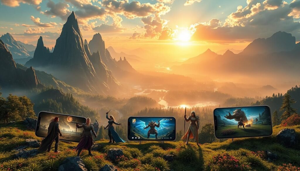 Detailed fantasy landscape featuring five stunning mobile games set against a lush, photorealistic background. The foreground showcases the game characters and environments in vivid, high-definition graphics, with dynamic lighting and depth of field effects. The middle ground depicts sweeping vistas of fantastical realms, with towering mountains, dense forests, and shimmering lakes. The background is a panoramic vista of a breathtaking, cinematic world, bathed in warm, golden sunlight and atmospheric haze. The overall mood is one of awe-inspiring beauty, inviting the viewer to explore these immersive, visually captivating mobile gaming experiences.