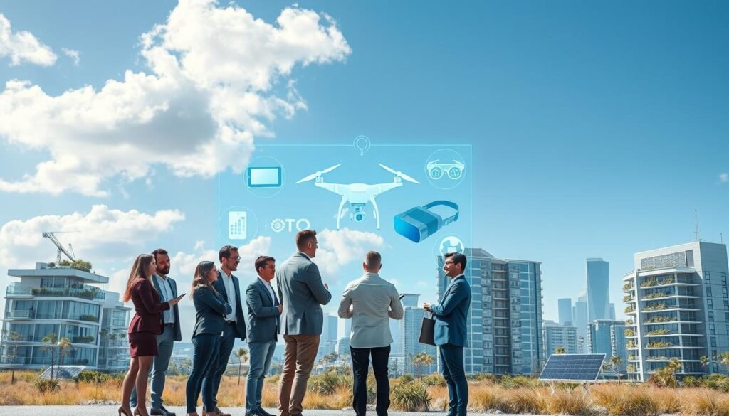 A futuristic technological landscape showcasing various modern technologies that are transforming the world. In the foreground, a diverse group of professionals, dressed in smart business attire, collaborates around a holographic display featuring seven distinct technology devices: a smartphone, a drone, a smart wearable, a virtual reality headset, a tablet, an AI robot, and a solar panel. The middle ground features sleek buildings with green designs, incorporating smart technology like solar panels and vertical gardens. The background includes a bright blue sky with fluffy clouds, and subtle city skyline silhouettes. The scene is illuminated with soft, natural lighting that creates a hopeful and innovative atmosphere, captured from a slightly elevated angle for a comprehensive view.