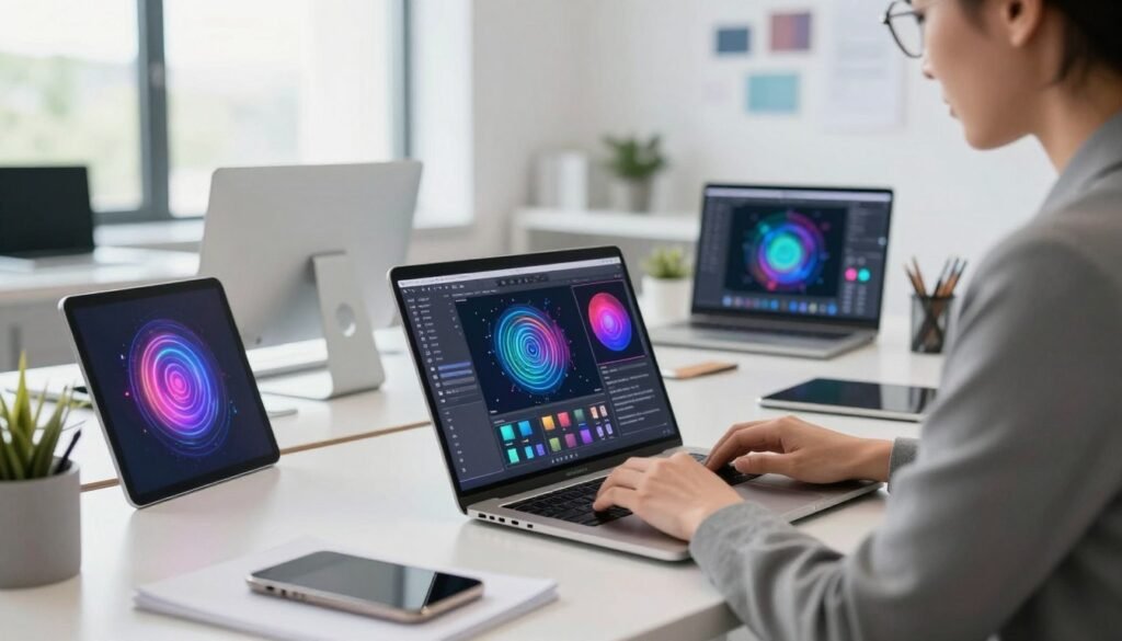 A modern creative workspace showcasing the effective use of AI in the creative process. In the foreground, a person wearing professional business attire is engaged with a high-tech laptop displaying vibrant design software, emanating an aura of innovation. In the middle ground, various AI tools and design elements are dynamically arranged, suggesting synergy between technology and creativity. The background features a bright, contemporary office environment with large windows letting in natural light, enhancing the mood of inspiration and productivity. The color palette should be bright and inviting, with hints of futuristic technology. Use soft, diffused lighting to create an uplifting atmosphere, emphasizing collaboration and creativity in graphic design.