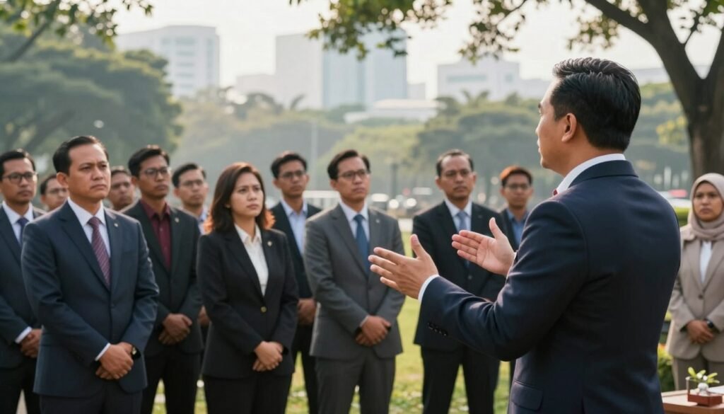 A symbolic scene representing political promises in Indonesia, featuring a diverse group of individuals in professional business attire, standing together in a park setting. In the foreground, a charismatic speaker passionately gestures, embodying hope and commitment. The middle ground shows attentive listeners, capturing a mix of skepticism and intrigue, with expressions of concern and hope. The background features a blurred cityscape to symbolize the political environment. Soft, diffused morning sunlight filters through the trees, creating an uplifting yet contemplative atmosphere. The composition is captured with a wide-angle lens to emphasize the gathering while keeping the subject in focus, evoking a sense of unity amidst doubt about political promises. A symbolic scene representing political promises in Indonesia, featuring a diverse group of individuals in professional business attire, standing together in a park setting. In the foreground, a charismatic speaker passionately gestures, embodying hope and commitment. The middle ground shows attentive listeners, capturing a mix of skepticism and intrigue, with expressions of concern and hope. The background features a blurred cityscape to symbolize the political environment. Soft, diffused morning sunlight filters through the trees, creating an uplifting yet contemplative atmosphere. The composition is captured with a wide-angle lens to emphasize the gathering while keeping the subject in focus, evoking a sense of unity amidst doubt about political promises.