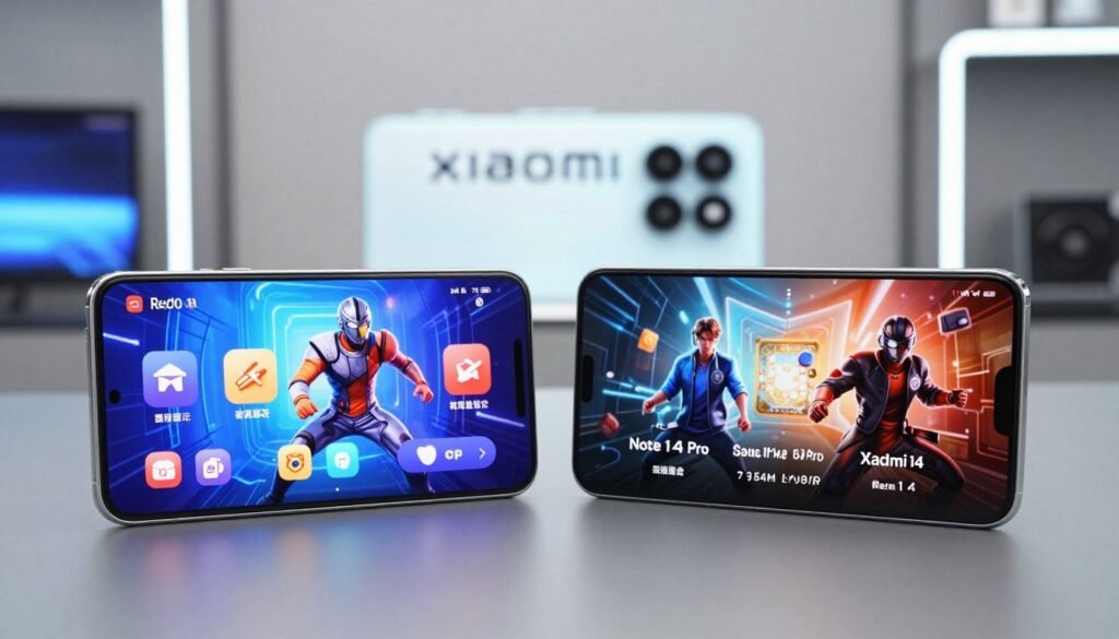 A detailed comparison image of two smartphones, the Xiaomi 14 and the Redmi Note 14 Pro, showcasing their displays. The foreground features a split-screen view, each half highlighting the respective smartphone's display quality with vibrant colors and sharp details, illustrating gaming and video playback capabilities. The middle ground includes graphical elements like icons for gaming and video apps, emphasizing performance. The background is a modern tech-inspired setting with soft lighting that accentuates the screens, creating a professional and engaging atmosphere. Use a slight tilt angle to enhance perspective, and ensure the lighting is bright but soft, giving an inviting and high-tech feel to the scene. No text or branding in the image.