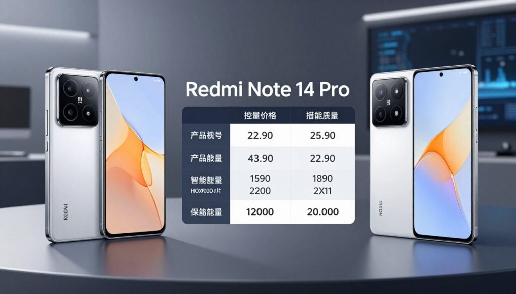 A detailed illustration comparing the price and value of smartphones, featuring a Xiaomi 14 on one side and a Redmi Note 14 Pro on the other. Foreground focuses on the two phones side by side, showcasing their sleek designs and vibrant screens. In the middle, include a stylish table displaying comparative price tags and key features such as performance specs, camera quality, and battery life. The background should be a modern tech-themed setting, softly lit to create a sophisticated and professional mood. Use a slightly elevated angle to accentuate the details of the devices and the table. The overall atmosphere should convey a sense of analysis and decision-making, appealing to tech-savvy consumers.