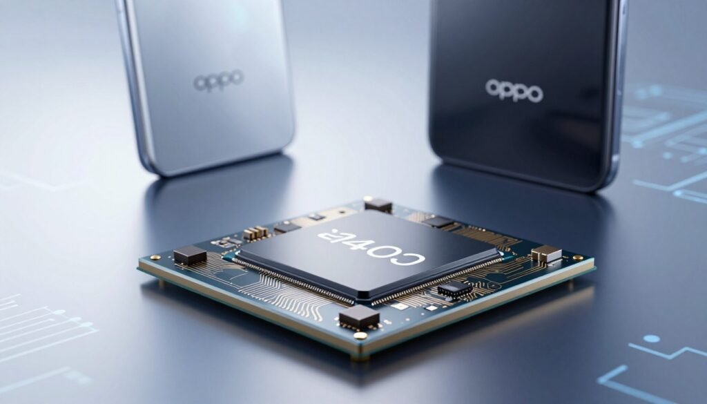 A striking close-up of the MediaTek Dimensity 9400 chipset, showcased on a sleek, reflective surface with dynamic lighting highlighting its intricate details. The foreground features the chipset prominently, showcasing its circuit design, connectors, and branding. The middle ground reveals a blurred, modern smartphone silhouette that represents the OPPO Find X8. In the background, a soft-focus high-tech environment with faint outlines of digital patterns and circuit board designs. The lighting is bright and futuristic, with cool blue and silver tones creating a high-tech atmosphere. Capture this image from a slightly elevated angle to emphasize the chipset's significance and make it feel like a centerpiece in a tech-driven narrative. No text, logos, or watermarks.